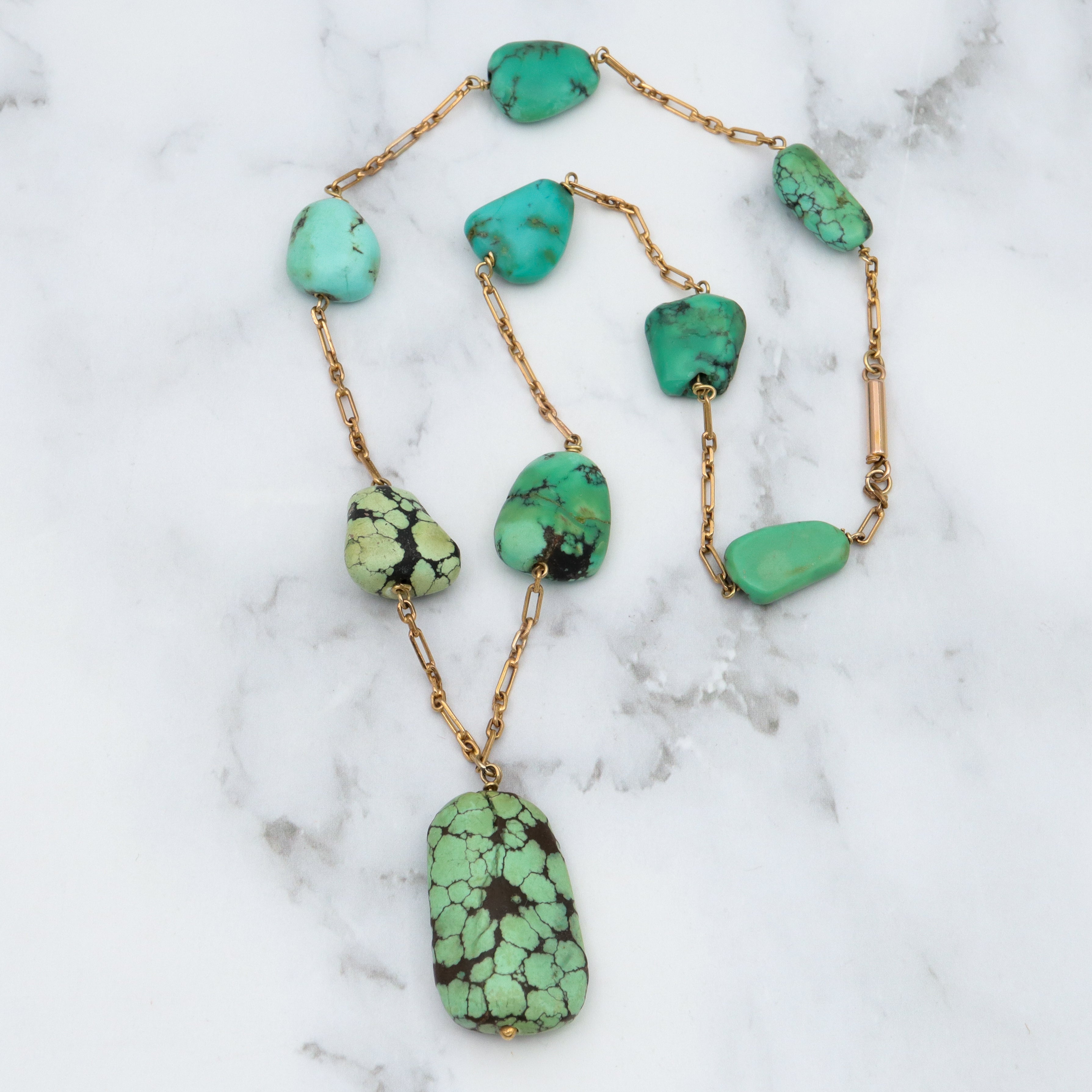 Antique Victorian 14k gold & turquoise bead drop necklace, 16"